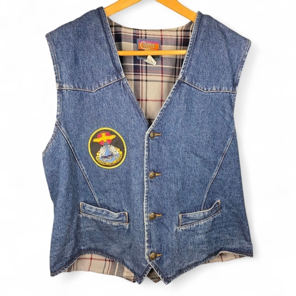 Cripple Creek Denim Lined Motorcycle Vest w/ CMA Kindom Riders Patch, Men XXL